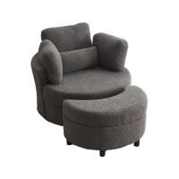 Teddy Swivel Armchair with 3 Back Cushions and Crescent Ottoman Stool, 360° Swivel Recliner Sofa, 107L x 105W x 82H cm, Medium Grey(m-2)
