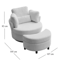 Chenille Bedroom Chairs with 3 Back Cushions and Crescent Ottoman Stool, 360° Swivel Armchair, 107L x 105W x 82H cm, Grey(m-3)