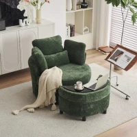 Chenille Swivel Armchair with 3 Back Cushions and Crescent Ottoman Stool, 360° Swivel Recliner Sofa, 107L x 105W x 82H cm, Green(m-4)