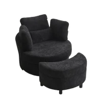 360° Swivel Bedroom Chairs with 3 Back Cushions and Crescent Ottoman Stool, Swivel Armchair for Living Room, 107L x 105W x 82H cm, Black(m-2)