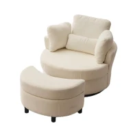 Chenille Swivel Armchair with 3 Back Cushions and Crescent Ottoman Stool, 360° Swivel Recliner Sofa, 107L x 105W x 82H cm, Ivory(m-10)