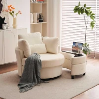 Chenille Swivel Armchair with 3 Back Cushions and Crescent Ottoman Stool, 360° Swivel Recliner Sofa, 107L x 105W x 82H cm, Ivory(m-4)