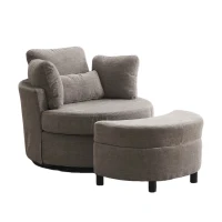 Chenille Bedroom Chairs with 3 Back Cushions and Crescent Ottoman Stool, 360° Swivel Armchair, 107L x 105W x 82H cm, Grey(m-2)