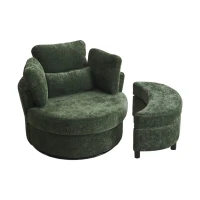 Chenille Swivel Armchair with 3 Back Cushions and Crescent Ottoman Stool, 360° Swivel Recliner Sofa, 107L x 105W x 82H cm, Green(m-9)