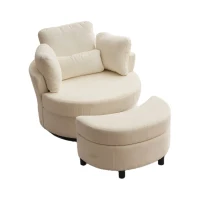 Chenille Swivel Armchair with 3 Back Cushions and Crescent Ottoman Stool, 360° Swivel Recliner Sofa, 107L x 105W x 82H cm, Ivory(m-2)
