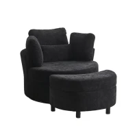 360° Swivel Bedroom Chairs with 3 Back Cushions and Crescent Ottoman Stool, Swivel Armchair for Living Room, 107L x 105W x 82H cm, Black(m-9)