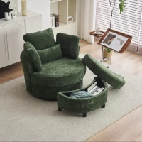 Chenille Swivel Armchair with 3 Back Cushions and Crescent Ottoman Stool, 360° Swivel Recliner Sofa, 107L x 105W x 82H cm, Green(m-5)