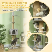 PawHut Arranhador para Gatos do Chão ao Teto de 225-265 cm  com Altura Ajustável Múltiplas Plataformas Escada Bola Suspensa Cinza Claro(m-6)