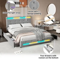 Velvet Upholstered Double Bed with Storage, Soft Backrest, 4 Drawers, LED Light Strips, 198L x 140W x 98H cm, Gray(m-4)