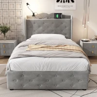 3FT Single Velvet Upholstered Storage Bed with 4 Drawers, Table Lamp and 4 USB Ports, Durable and Sturdy, 206.5L x 96.5W x 109H cm, Gray(m-5)