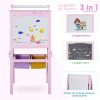 HOMCOM Lavagnetta per Bambini in Legno Rosa con Cavalletto 3 in 1: Lavagna Bianca, Nera e con Rullo Fogli di Carta(m-4)