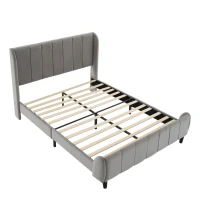 Double Upholstered Bed with Soft Backrest, Vertical Stripe Design, Metal Frame, 202L x 149W x 103H cm, Gray(m-2)