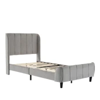 3FT Upholstered Bed with Soft Backrest and Vertical Stripe Design, Metal Underbed Bracket, 202L x 103W x 103H cm, Gray(m-2)