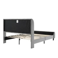 Double Upholstered Bed with Soft Backrest, Vertical Stripe Design, Metal Frame, 202L x 149W x 103H cm, Gray(m-12)
