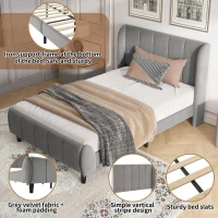 3FT Upholstered Bed with Soft Backrest and Vertical Stripe Design, Metal Underbed Bracket, 202L x 103W x 103H cm, Gray(m-4)