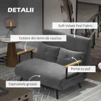 HOMCOM Canapea Pat de 2 Locuri cu Spătar Reglabil pe 5 Nivele și 2 Perne din Material Capitonat, 102x73x81 cm, Gri Închis(m-6)