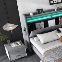 Velvet Upholstered Double Bed with Storage, LED Light Strip, 4 USB Ports, Velvet, 204L x 140W x 107H cm, Grey(m-6)