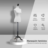 HOMCOM Manequim de Costura Feminino Manequim de Costura Ajustável a 130-168 cm com Tripé de Madeira Branco(m-4)