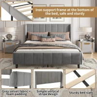 Double Upholstered Bed with Soft Backrest, Vertical Stripe Design, Metal Frame, 202L x 149W x 103H cm, Gray(m-4)