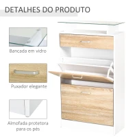 HOMCOM Sapateira de 2 Portas Sapateira Estreito para 12 Pares de Sapatos com Gaveta e Bancada de Vidro  60x24x105,5cm Branco(m-6)