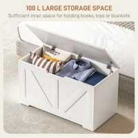 HOMCOM 100L Home Storage Box, with Safety Hinges - White Wood-Effect(m-4)