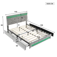 Velvet Upholstered Double Bed with Storage, Soft Backrest, 4 Drawers, LED Light Strips, 198L x 140W x 98H cm, Gray(m-3)