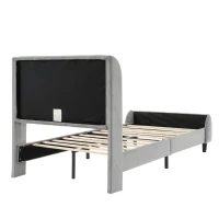 3FT Upholstered Bed with Soft Backrest and Vertical Stripe Design, Metal Underbed Bracket, 202L x 103W x 103H cm, Gray(m-12)