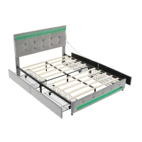 Velvet Upholstered Double Bed with Storage, Soft Backrest, 4 Drawers, LED Light Strips, 198L x 140W x 98H cm, Gray(m-2)