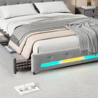 Velvet Upholstered Double Bed with Storage, Soft Backrest, 4 Drawers, LED Light Strips, 198L x 140W x 98H cm, Gray(m-7)