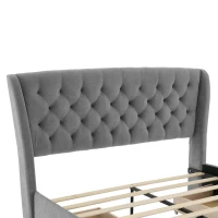 Upholstered Storage Bed with 4 Drawers, Soft Backrest, Metal Frame, 204L x 156W x 106H cm, Grey(m-11)