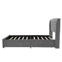 Upholstered Storage Bed with 4 Drawers, Soft Backrest, Metal Frame, 204L x 156W x 106H cm, Grey(m-13)