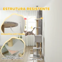 PawHut Arranhador para Gatos do Chão ao Teto de 225-265 cm  com Altura Ajustável Múltiplas Plataformas Escada Bola Suspensa Cinza Claro(m-5)