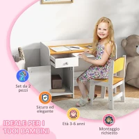 ZONEKIZ Banco Scuola e Sedia per Bambini da 3-6 Anni con Cassetto e Armadietto in Legno Bianco(m-6)