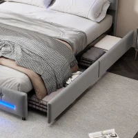Velvet Upholstered Double Bed with Storage, Soft Backrest, 4 Drawers, LED Light Strips, 198L x 140W x 98H cm, Gray(m-8)