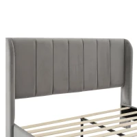Double Upholstered Bed with Soft Backrest, Vertical Stripe Design, Metal Frame, 202L x 149W x 103H cm, Gray(m-11)