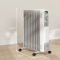 HOMCOM Aquecedor a Óleo Silencioso 2500W com Temperatura Ajustável 3 Ajustes de Aquecimento para 25 m² 29x49x62 cm Branco(m-3)