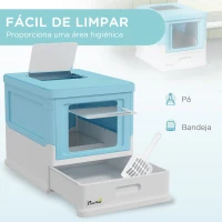 PawHut Caixa de Areia para Gatos Dobrável Caixa de Areia para Gatos Fechada com Bandeja Removível e Pá 47,5x35,5x36,7cm Azul(m-4)