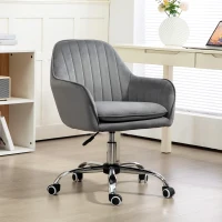 HOMCOM Office Chair, Swivel Desk Chair, Velvet-Feel Fabric Vanity Chair with Adjustable Height and Rolling Wheels for Home Work Study, Grey(m-2)