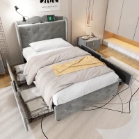 3FT Single Velvet Upholstered Storage Bed with 4 Drawers, Table Lamp and 4 USB Ports, Durable and Sturdy, 206.5L x 96.5W x 109H cm, Gray(m-1)