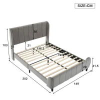Double Upholstered Bed with Soft Backrest, Vertical Stripe Design, Metal Frame, 202L x 149W x 103H cm, Gray(m-3)