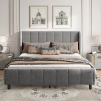 Double Upholstered Bed with Soft Backrest, Vertical Stripe Design, Metal Frame, 202L x 149W x 103H cm, Gray(m-1)