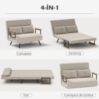 HOMCOM Canapea Pat de 2 Locuri cu Spătar Reglabil pe 5 Nivele și 2 Perne din Material Capitonat, 102x73x81 cm, Crem Alb(m-4)