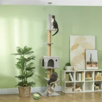PawHut Arranhador para Gatos do Chão ao Teto de 225-265 cm  com Altura Ajustável Múltiplas Plataformas Escada Bola Suspensa Cinza Claro(m-2)
