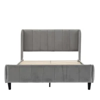 Double Upholstered Bed with Soft Backrest, Vertical Stripe Design, Metal Frame, 202L x 149W x 103H cm, Gray(m-13)