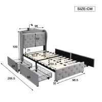 3FT Single Velvet Upholstered Storage Bed with 4 Drawers, Table Lamp and 4 USB Ports, Durable and Sturdy, 206.5L x 96.5W x 109H cm, Gray(m-3)