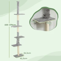 PawHut Arranhador para Gatos do Chão ao Teto 225-275 cm Torre para Gatos com Múltiplas Plataformas Sistema Anti-Tombo Cinza(m-3)