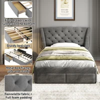 3FT Single Upholstered Storage Bed with 4 Drawers, Soft Backrest, Metal Frame, 204L x 101W x 106H cm, Gray(m-4)
