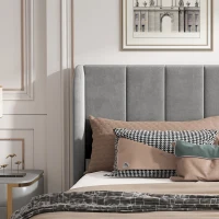 Double Upholstered Bed with Soft Backrest, Vertical Stripe Design, Metal Frame, 202L x 149W x 103H cm, Gray(m-6)