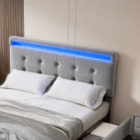 Velvet Upholstered Double Bed with Storage, Soft Backrest, 4 Drawers, LED Light Strips, 198L x 140W x 98H cm, Gray(m-6)