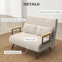 HOMCOM Canapea Pat de 2 Locuri cu Spătar Reglabil pe 5 Nivele și 2 Perne din Material Capitonat, 102x73x81 cm, Crem Alb(m-6)